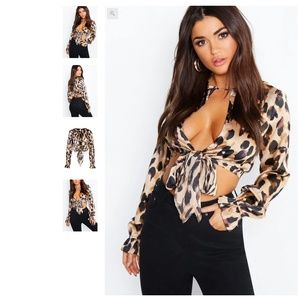 Leopard Tie Front Ruffle Cuff Crop